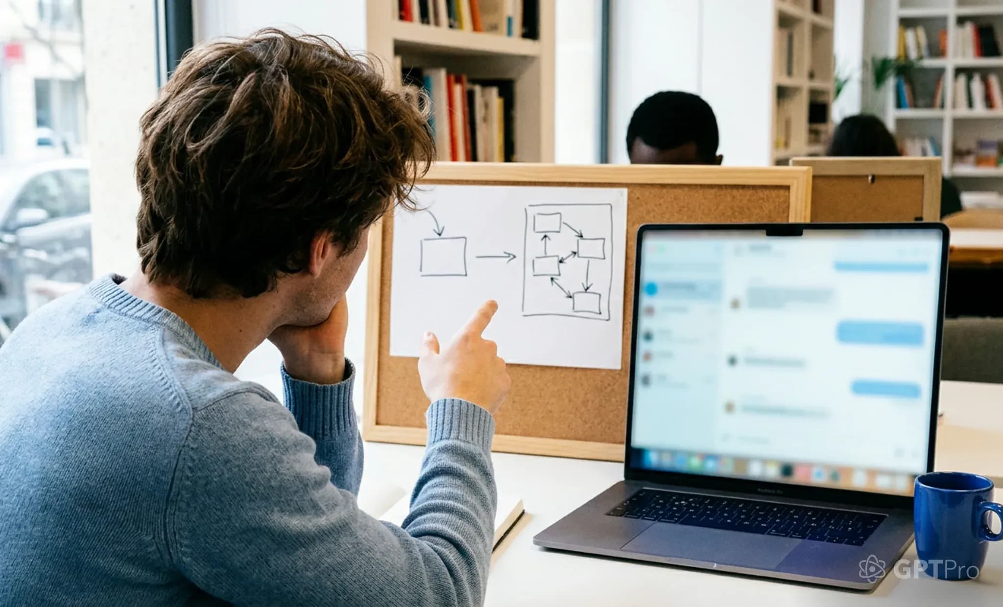 Person seen from behind comparing a whiteboard with two hand-drawn diagrams and a laptop glowing with a pale-blue chat interface