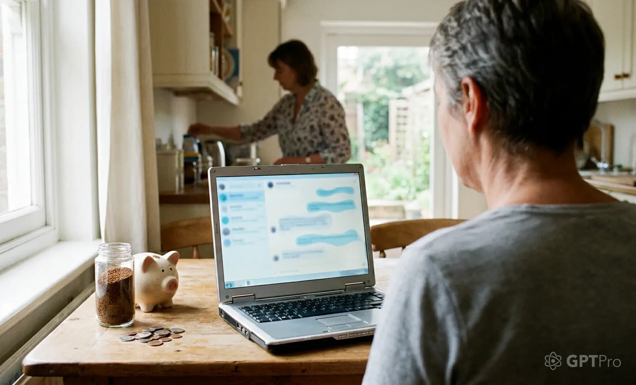Sunny kitchen table: laptop showing a pale-blue chat interface, coffee, coins and a small piggy bank at the corner of the table