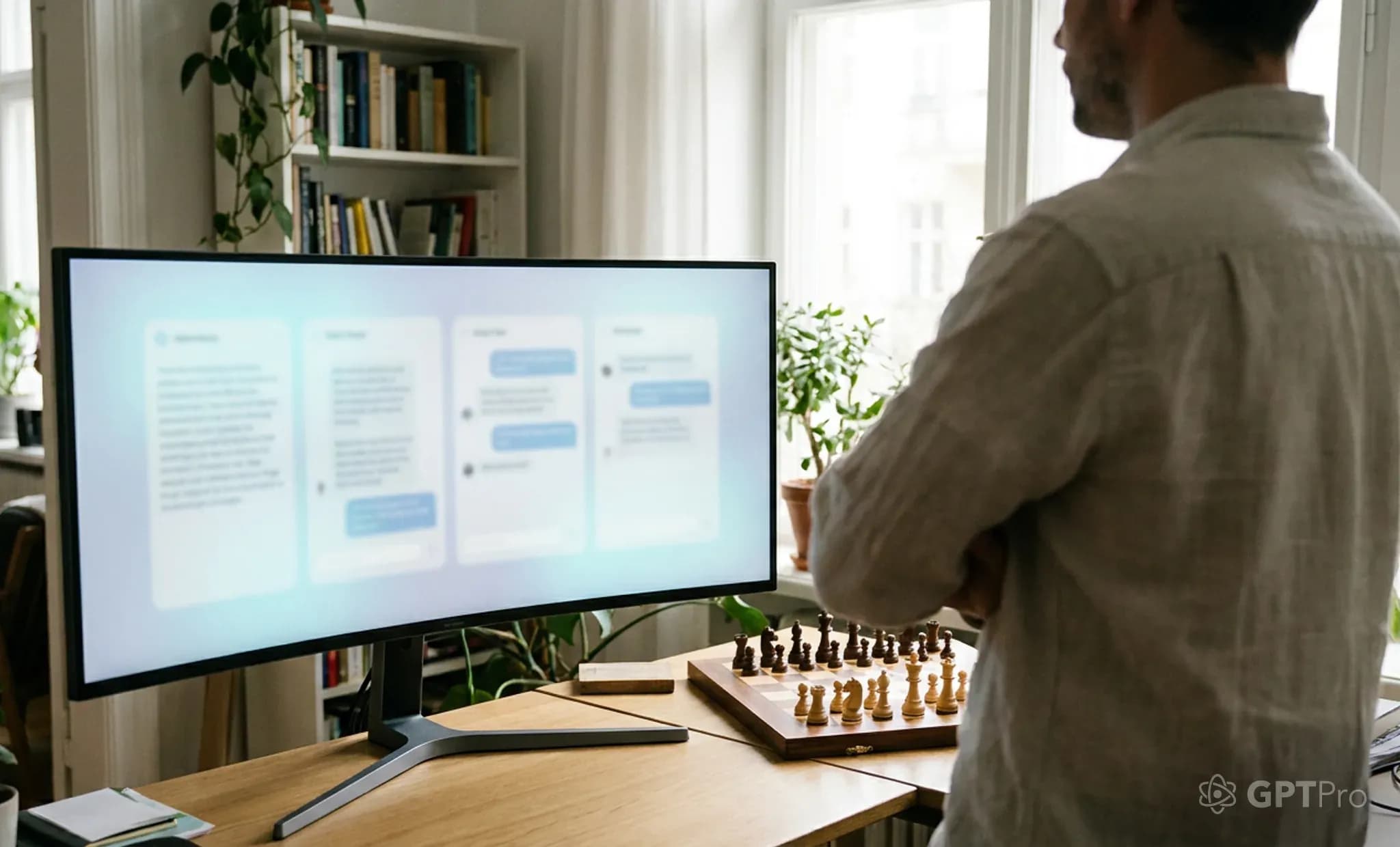 Large monitor showing four pale-blue chat columns working side by side, observer leaning back, chessboard at the desk corner