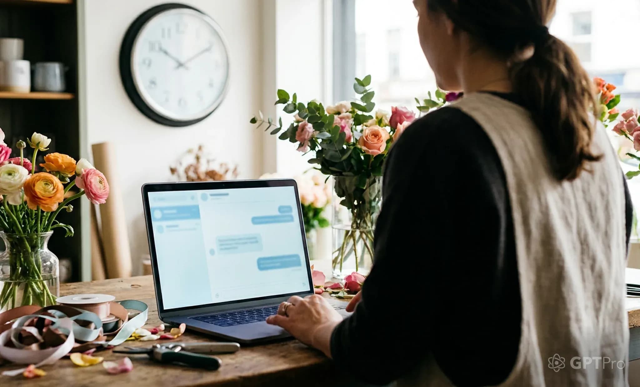 Florist workshop counter with fresh flowers, open laptop showing a pale-blue chat interface, blurred wall clock in the background