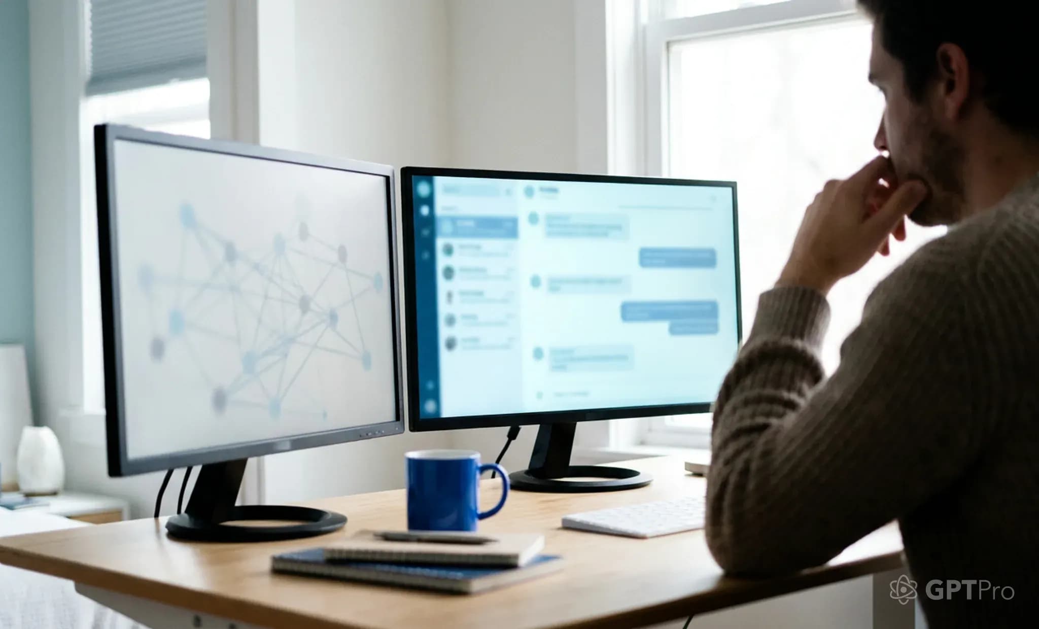 Two screens side by side: a blurred node flowchart and a pale-blue chat interface, a person between them, hand on chin